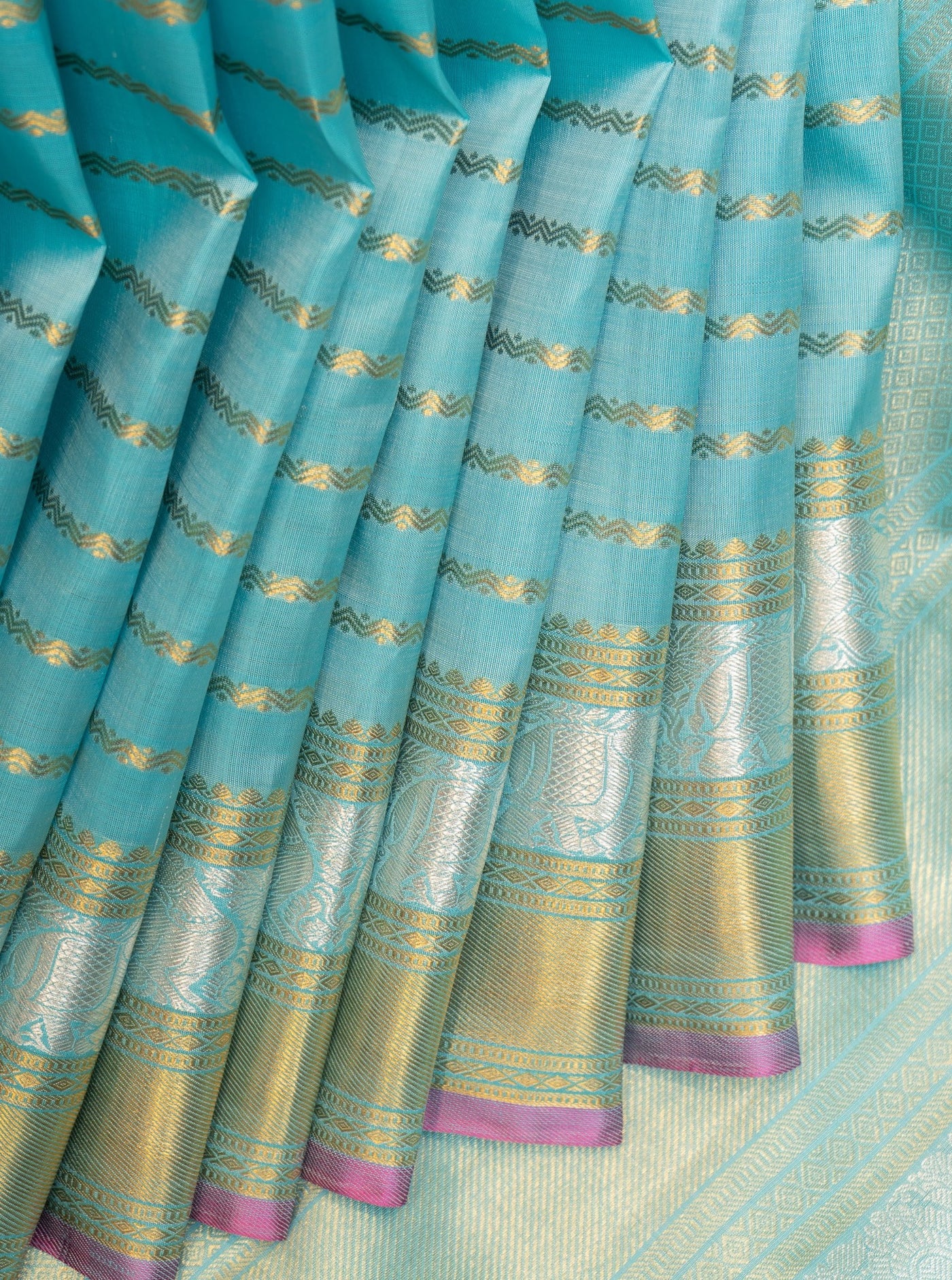 Baby Blue Zari Stripes Pure Kanchipuram Silk Saree - Clio Silks