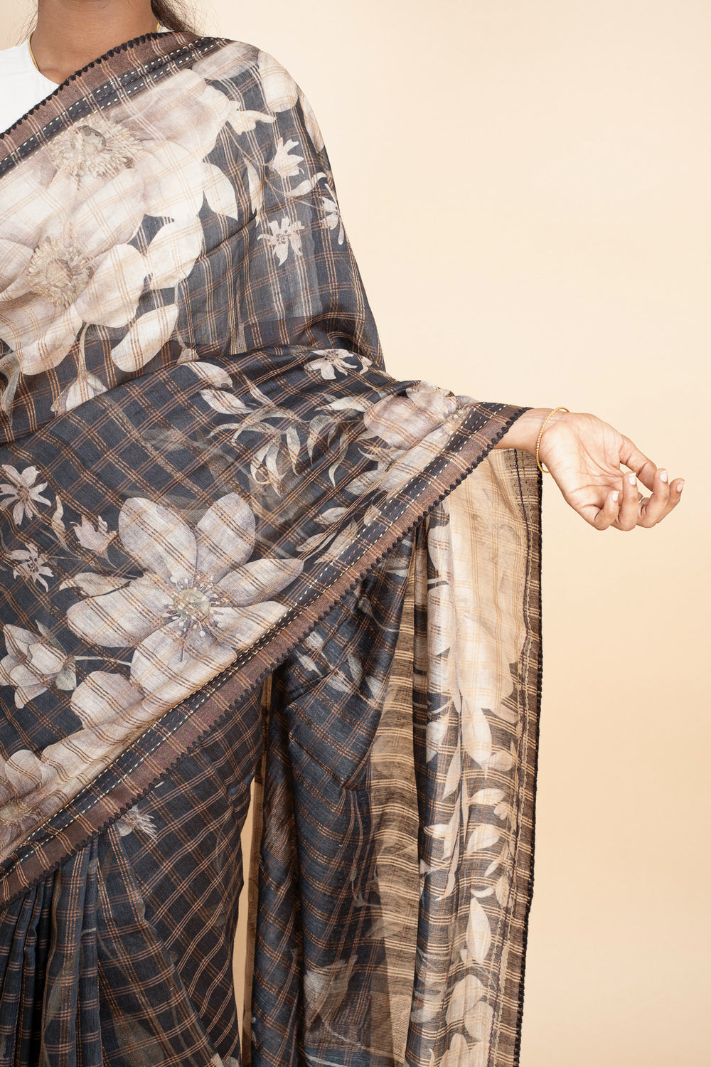 Black Floral Printed Pure Munga Tussar Silk Saree - Clio Silks