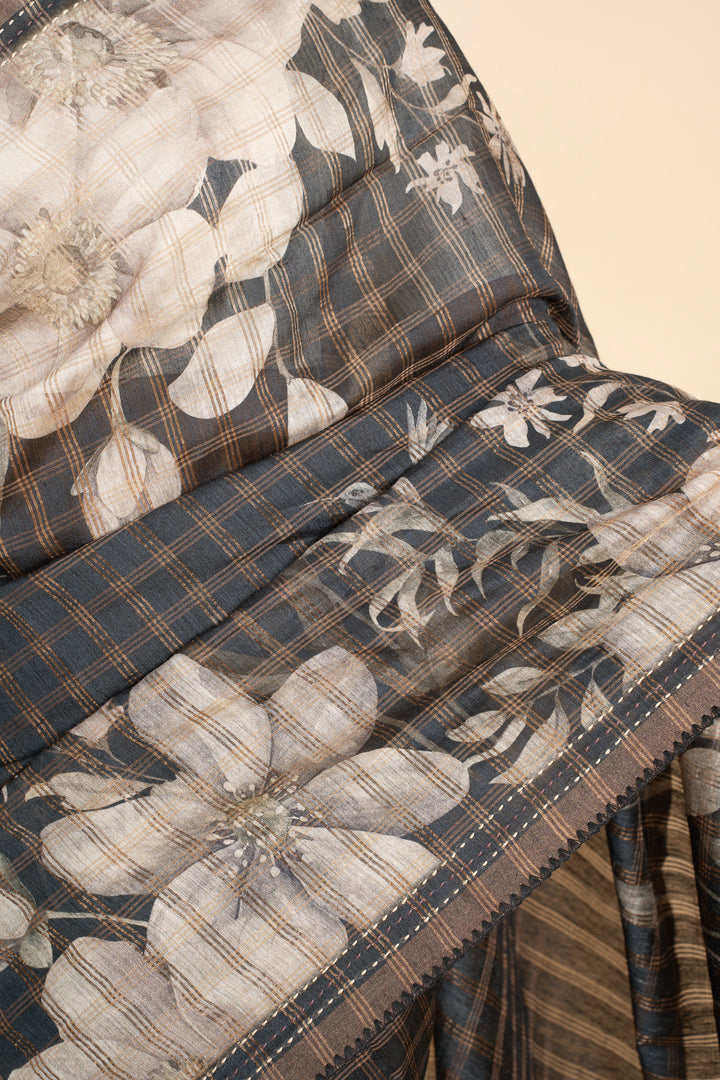 Black Floral Printed Pure Munga Tussar Silk Saree - Clio Silks