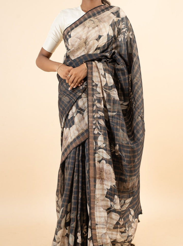 Black Floral Printed Pure Munga Tussar Silk Saree - Clio Silks