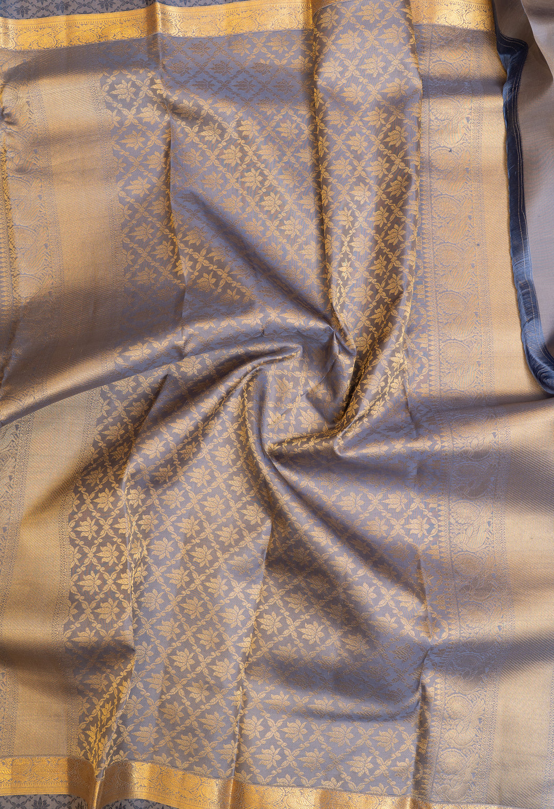 Greyish blue threadwork pure Kanchipuram silk saree