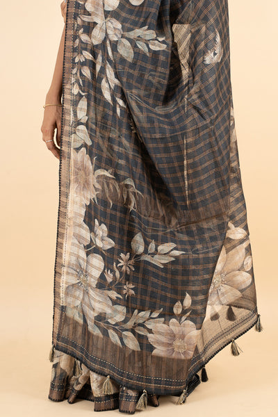 Black Floral Printed Pure Munga Tussar Silk Saree - Clio Silks