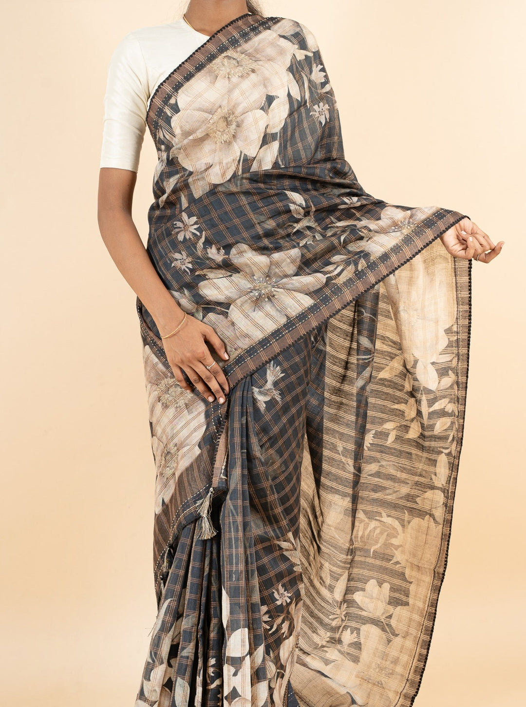 Black Floral Printed Pure Munga Tussar Silk Saree - Clio Silks