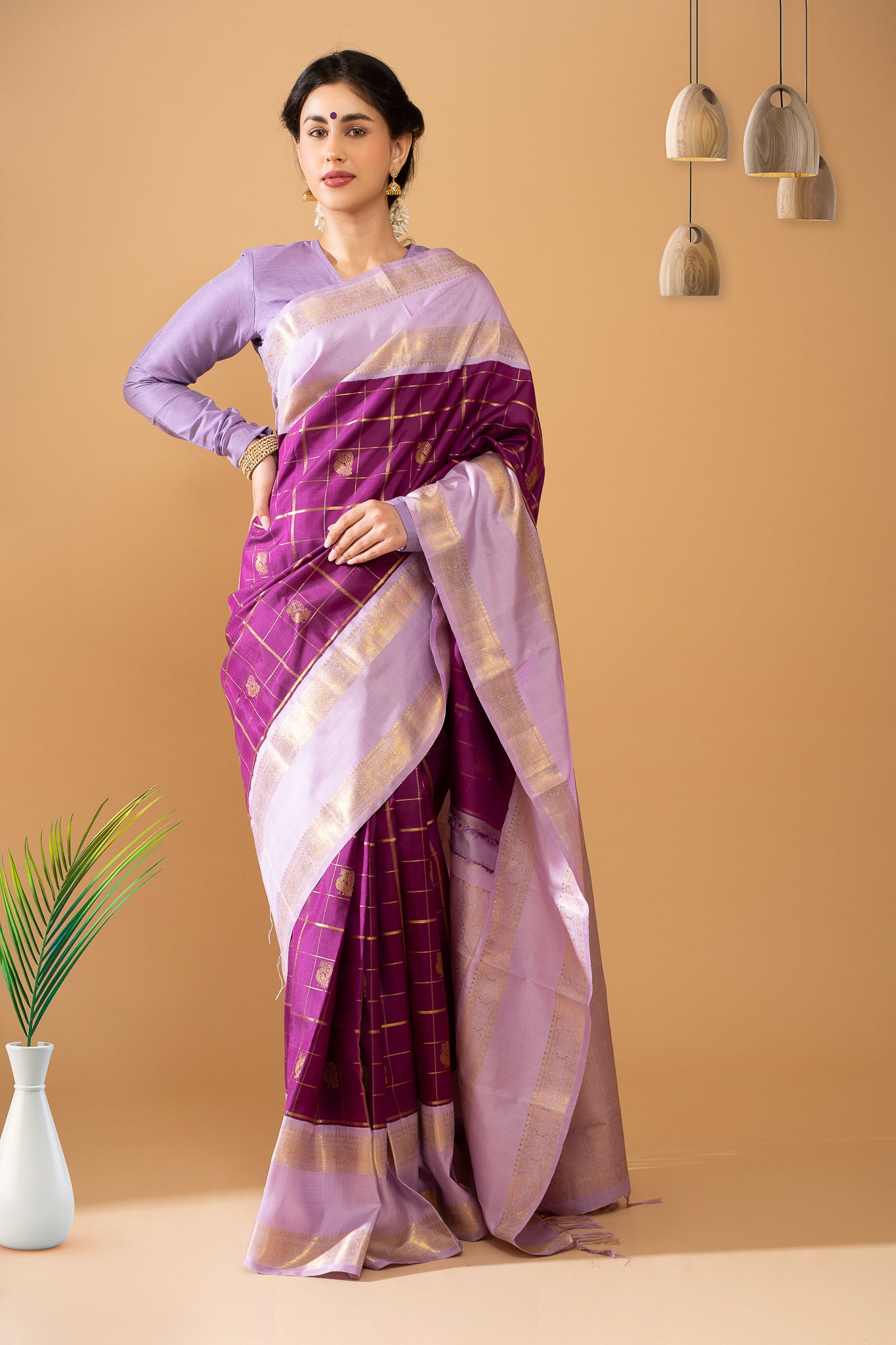 Eggplant Violet and Purple Rettai Pettu Pure Zari Kanchipuram Silk Saree - Clio Silks