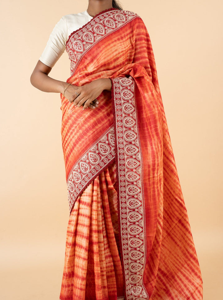 Rust Orange Shibori Embroidered Pure Tussar Silk Saree - Clio Silks