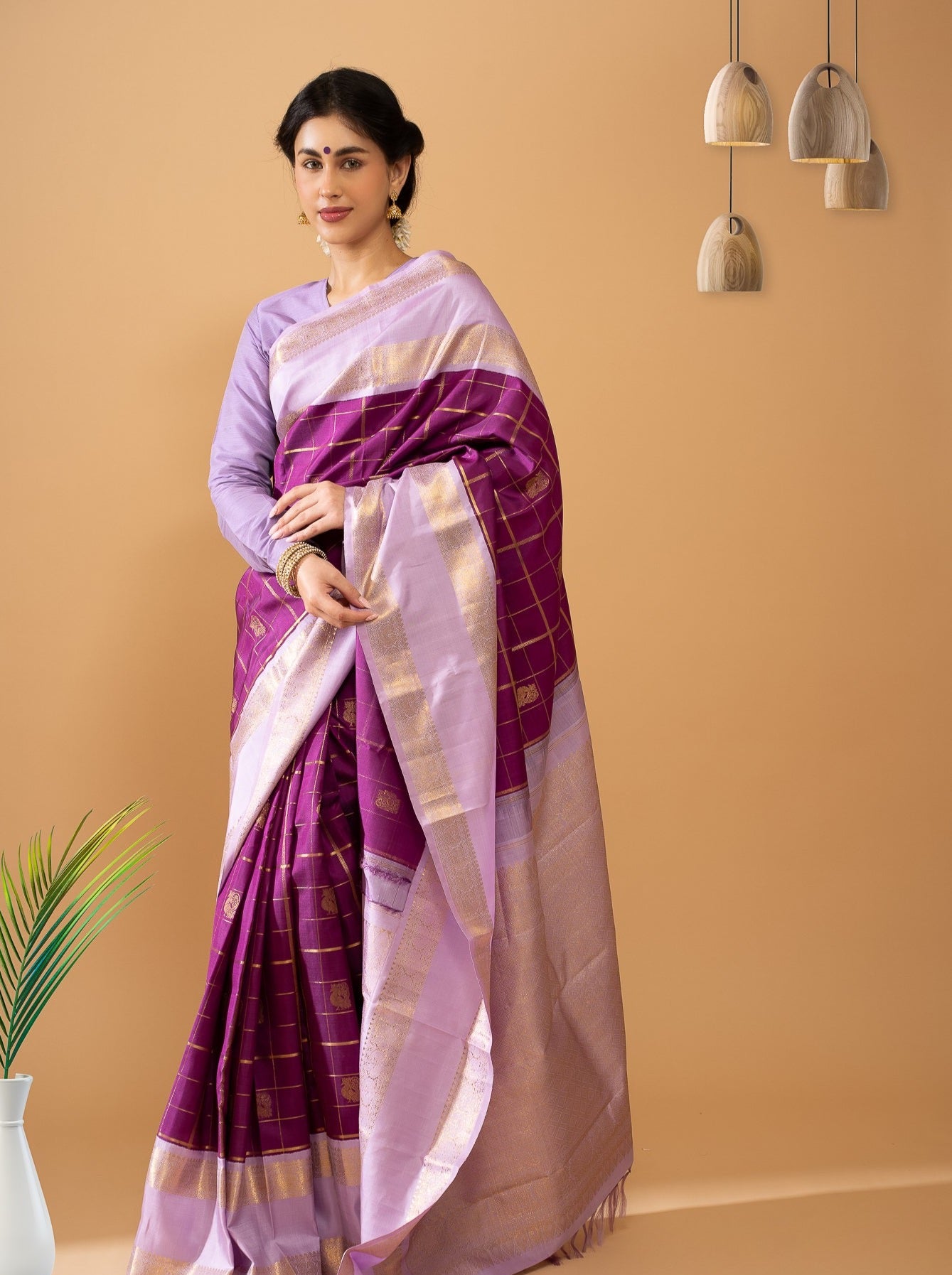 Eggplant Violet and Purple Rettai Pettu Pure Zari Kanchipuram Silk Saree - Clio Silks