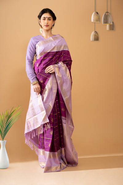 Eggplant Violet and Purple Rettai Pettu Pure Zari Kanchipuram Silk Saree - Clio Silks