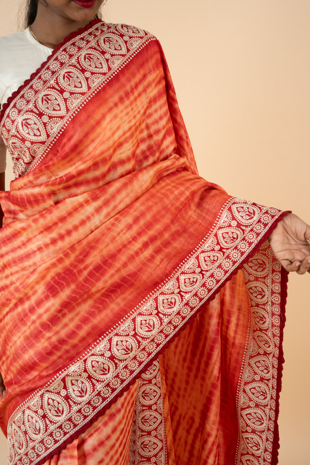 Rust Orange Shibori Embroidered Pure Tussar Silk Saree - Clio Silks