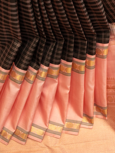 Black and pink thread checks pure Kanchipuram silk saree