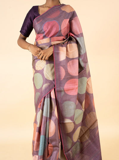 Purple Polka Printed Pure Tussar Silk Saree - Clio Silks