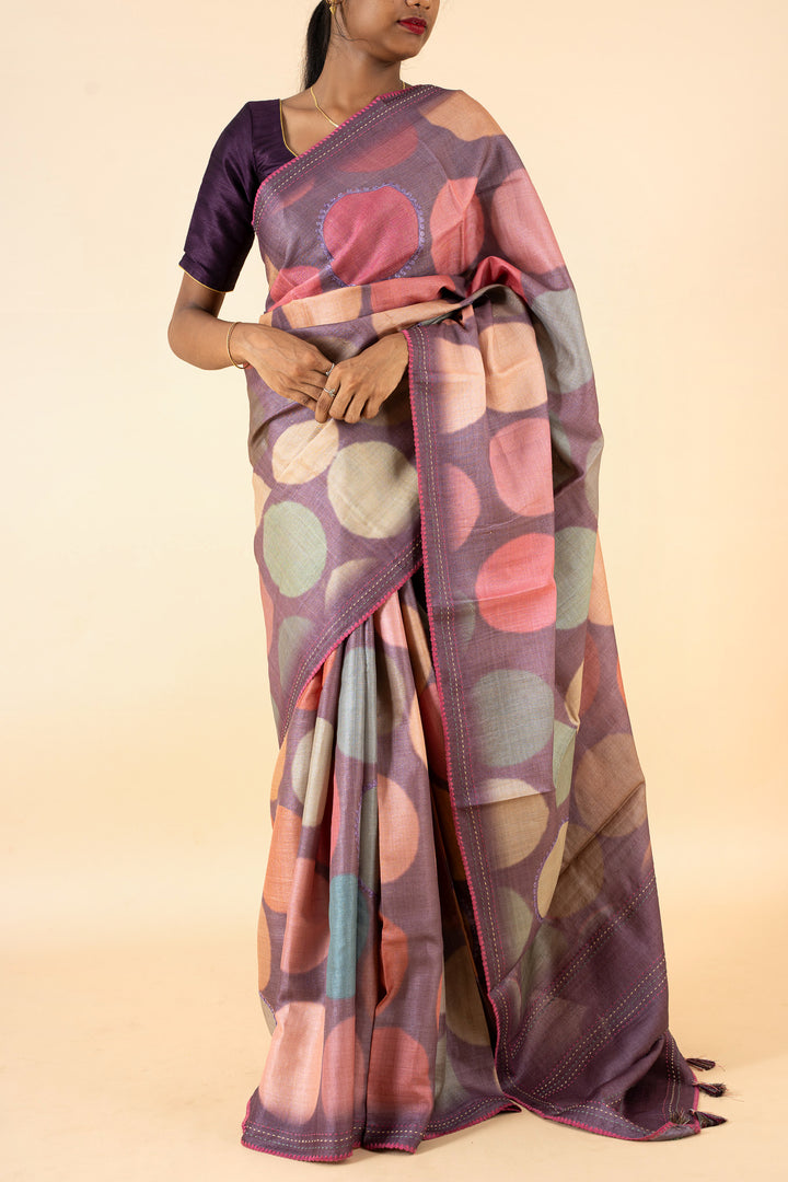 Purple Polka Printed Pure Tussar Silk Saree - Clio Silks