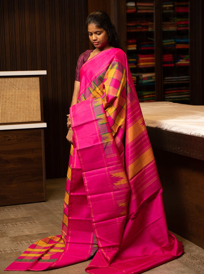 Mustard and Pink Checks Without Zari Pure Kanchipuram Silk Sari - Clio Silks