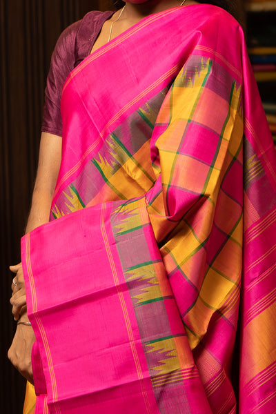 Mustard and Pink Checks Without Zari Pure Kanchipuram Silk Sari - Clio Silks