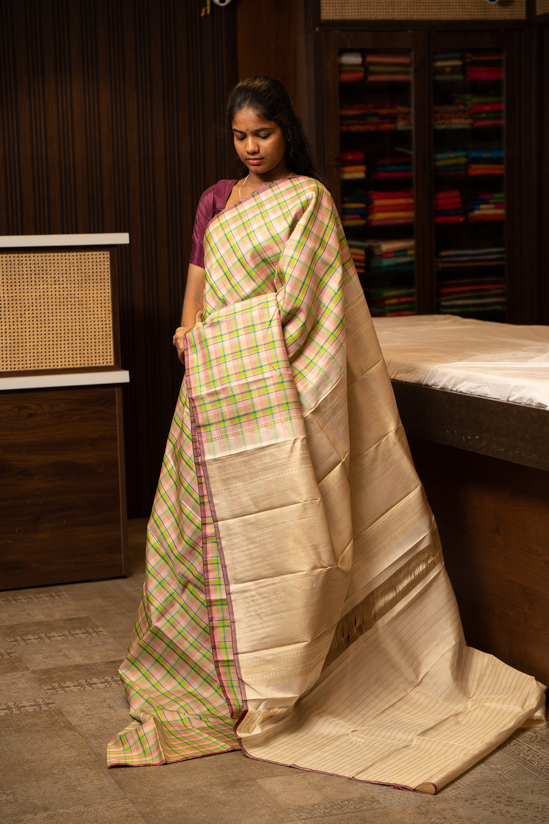 Green Multi Checks Kanjivaram Silk Saree - Clio Silks