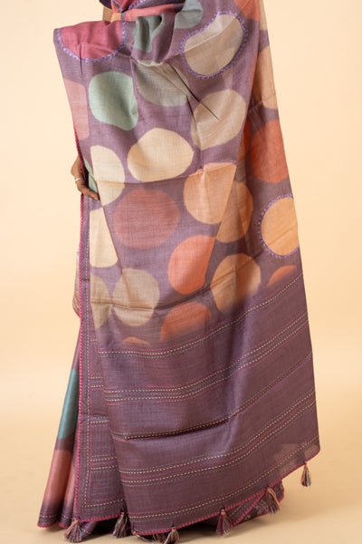 Purple Polka Printed Pure Tussar Silk Saree - Clio Silks