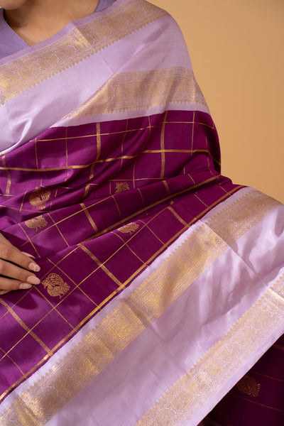 Eggplant Violet and Purple Rettai Pettu Pure Zari Kanchipuram Silk Saree - Clio Silks