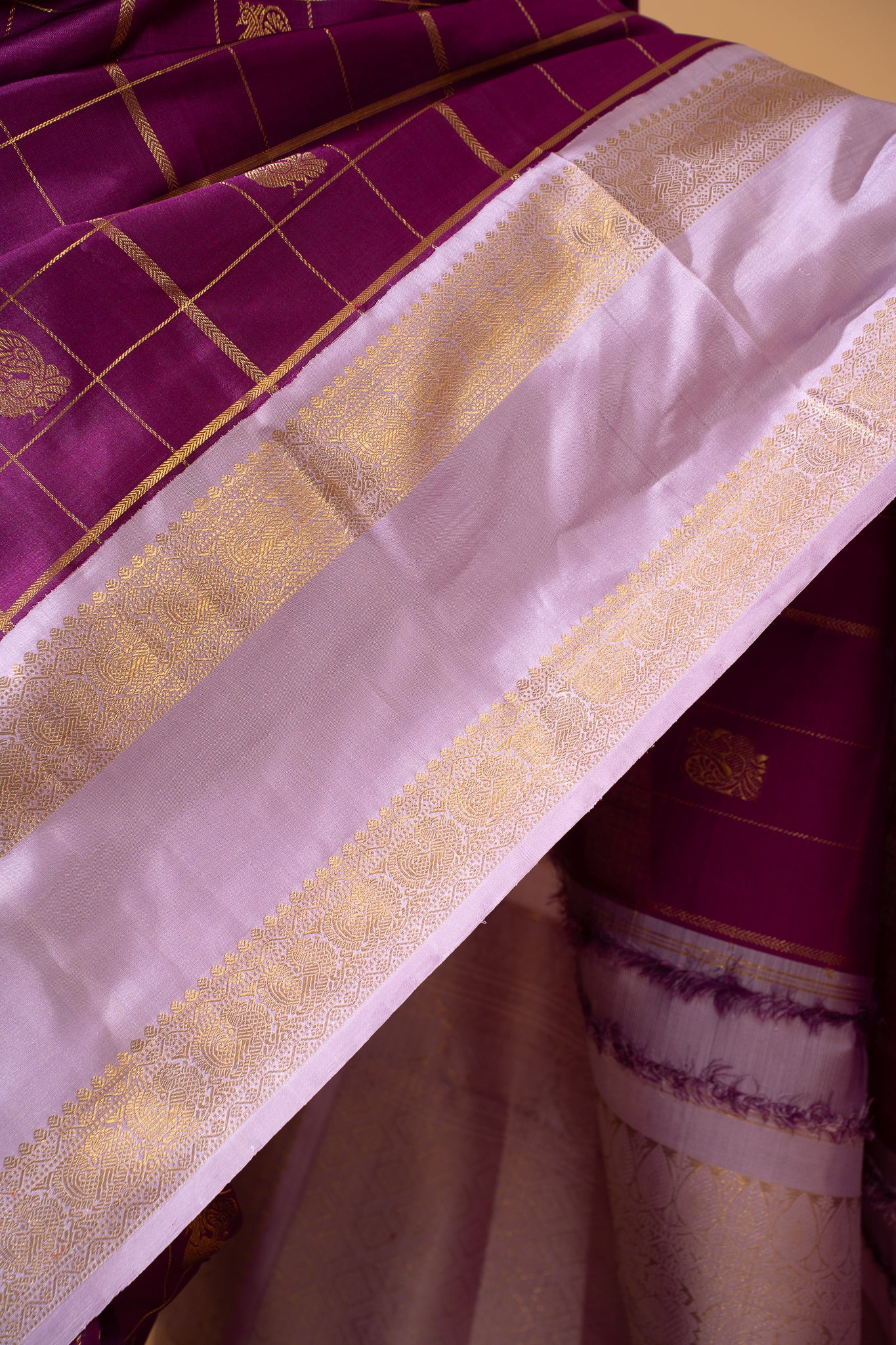 Eggplant Violet and Purple Rettai Pettu Pure Zari Kanchipuram Silk Saree - Clio Silks