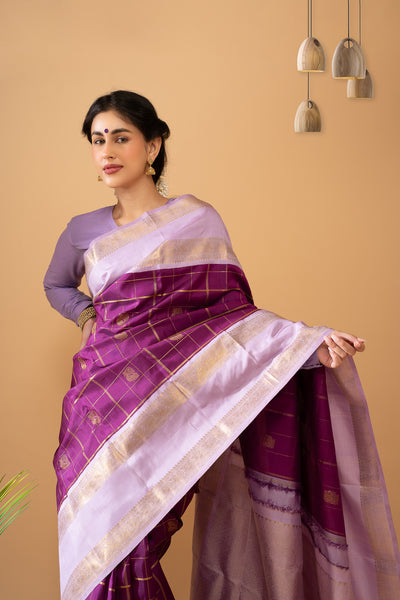 Eggplant Violet and Purple Rettai Pettu Pure Zari Kanchipuram Silk Saree - Clio Silks