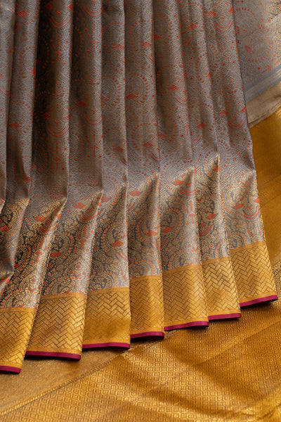 Grey and mustard minakari pure zari brocade Kanchipuram silk saree