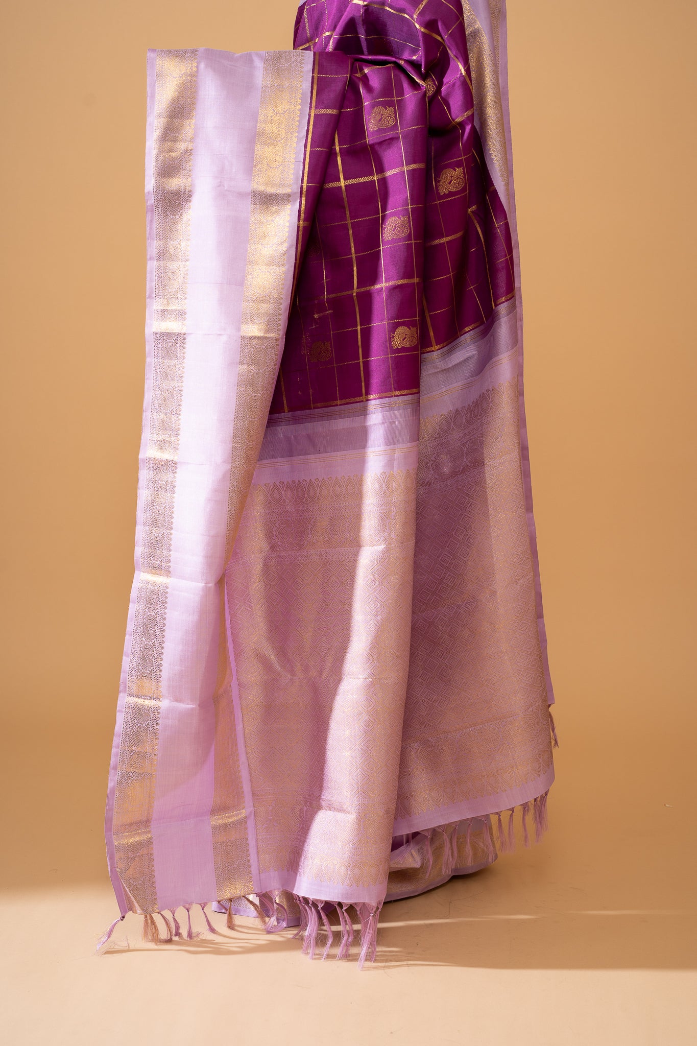 Eggplant Violet and Purple Rettai Pettu Pure Zari Kanchipuram Silk Saree - Clio Silks