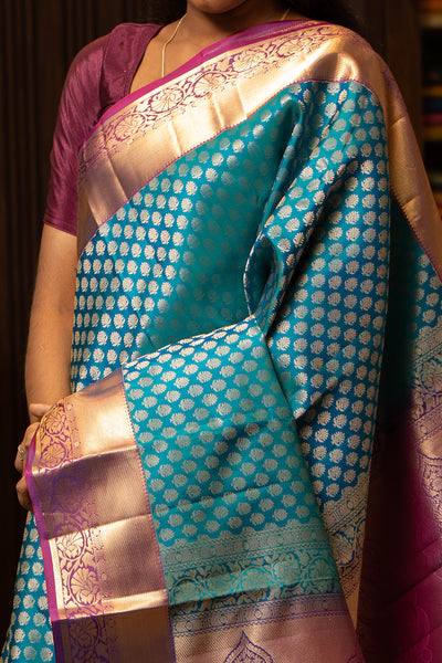 Anandha Blue and Magenta Brocade Pure Kanchipuram Silk Saree - Clio Silks