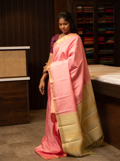Pastel Pink Simple Kanjivaram Silk Saree - Clio Silks