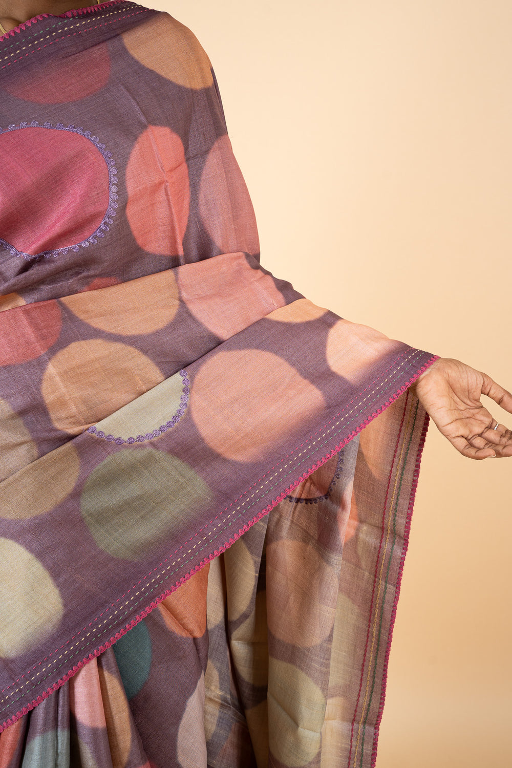 Purple Polka Printed Pure Tussar Silk Saree - Clio Silks