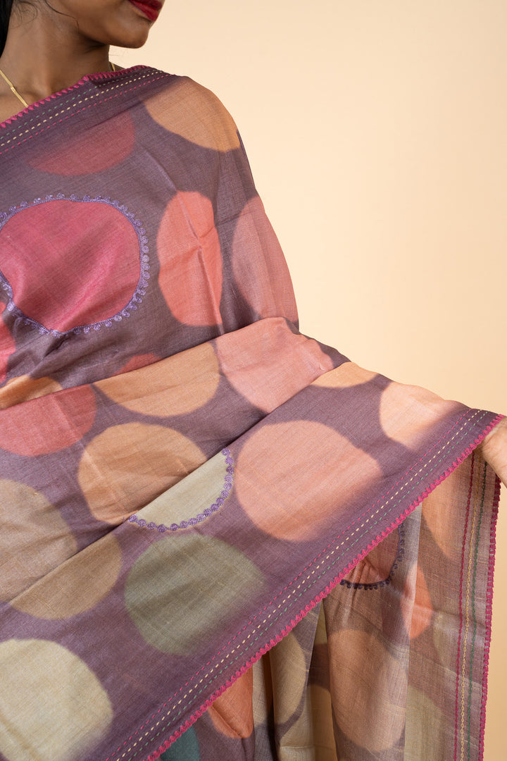 Purple Polka Printed Pure Tussar Silk Saree - Clio Silks