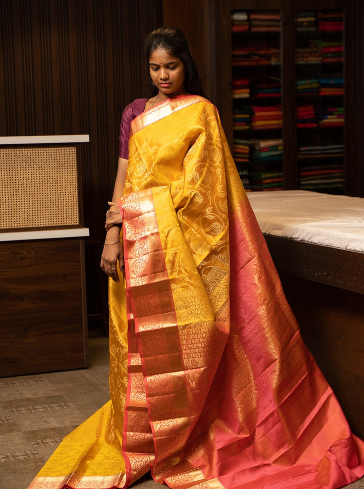 Pastel Yellow and Peach Brocade Kanchipuram Pattu Silk Saree - Clio Silks