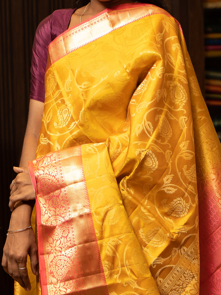 Pastel Yellow and Peach Brocade Kanchipuram Pattu Silk Saree - Clio Silks