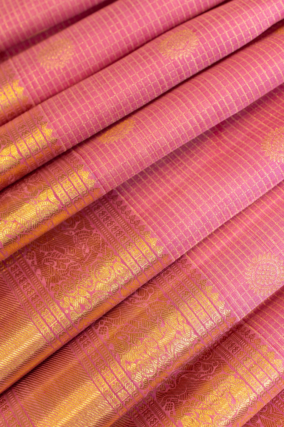 Rose pink zari checks pure Kanchipuram silk saree