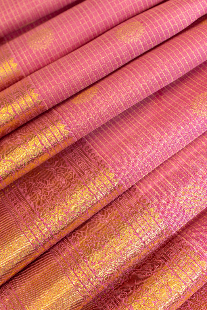 Rose pink zari checks pure Kanchipuram silk saree