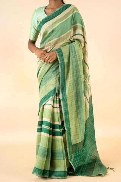 Green Stripes Pure Munga Tussar Silk Saree - Clio Silks