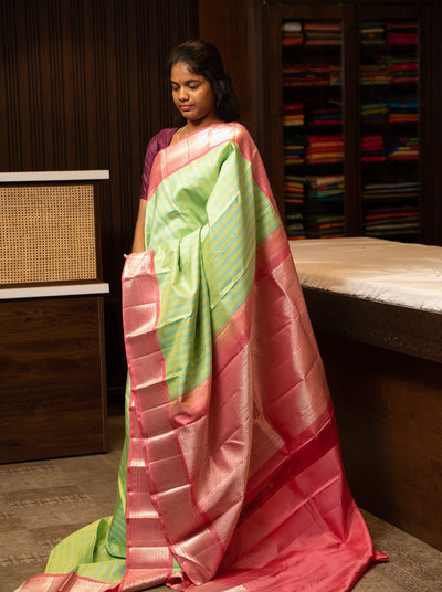 Mint Green and Pink Stripes Pure Kanchipuram Silk Sari - Clio Silks