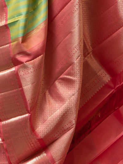 Mint Green and Pink Stripes Pure Kanchipuram Silk Sari - Clio Silks