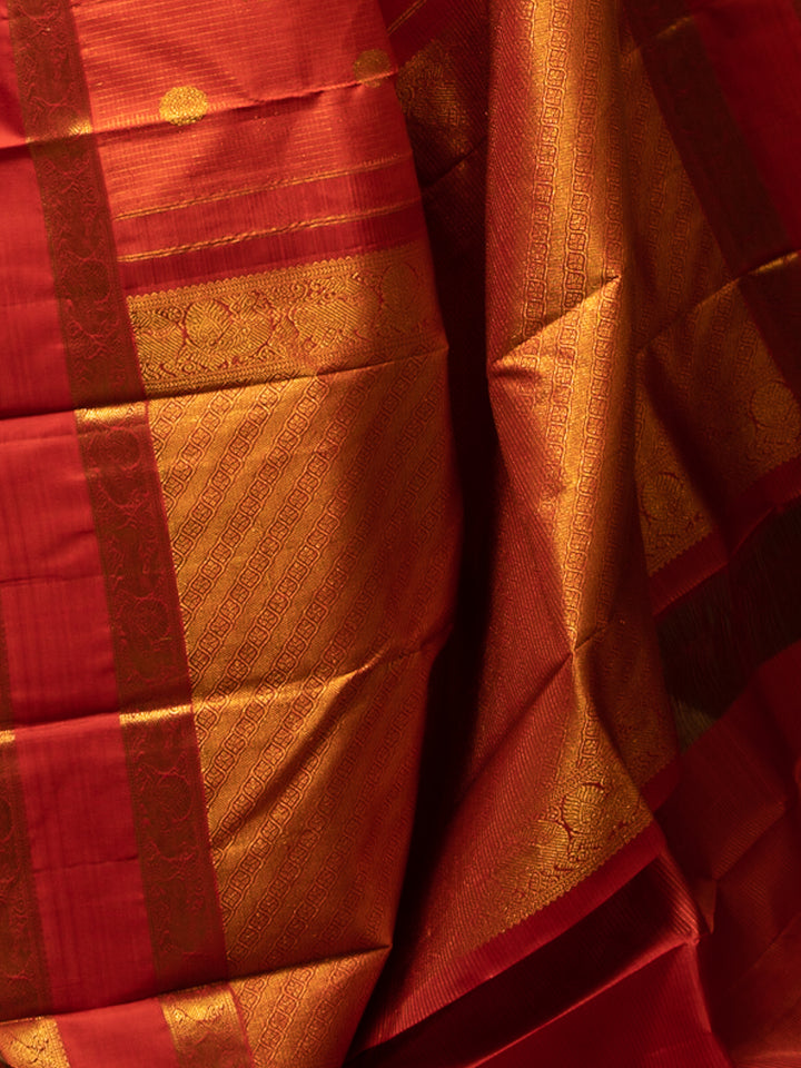 Reddish Orange Vairaoosi Checks Pure Kanchipuram Silk Saree - Clio Silks