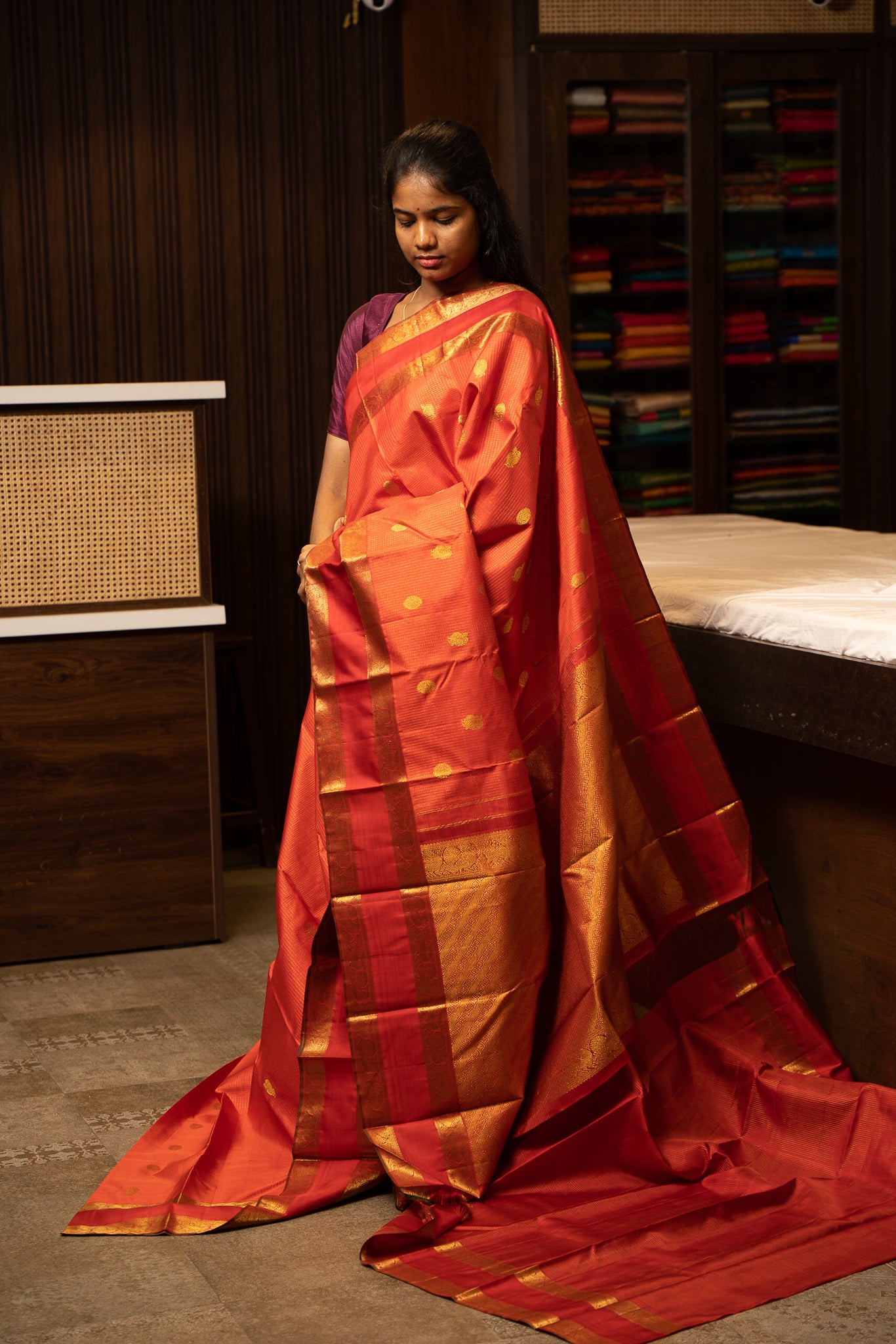 Reddish Orange Vairaoosi Checks Pure Kanchipuram Silk Saree - Clio Silks