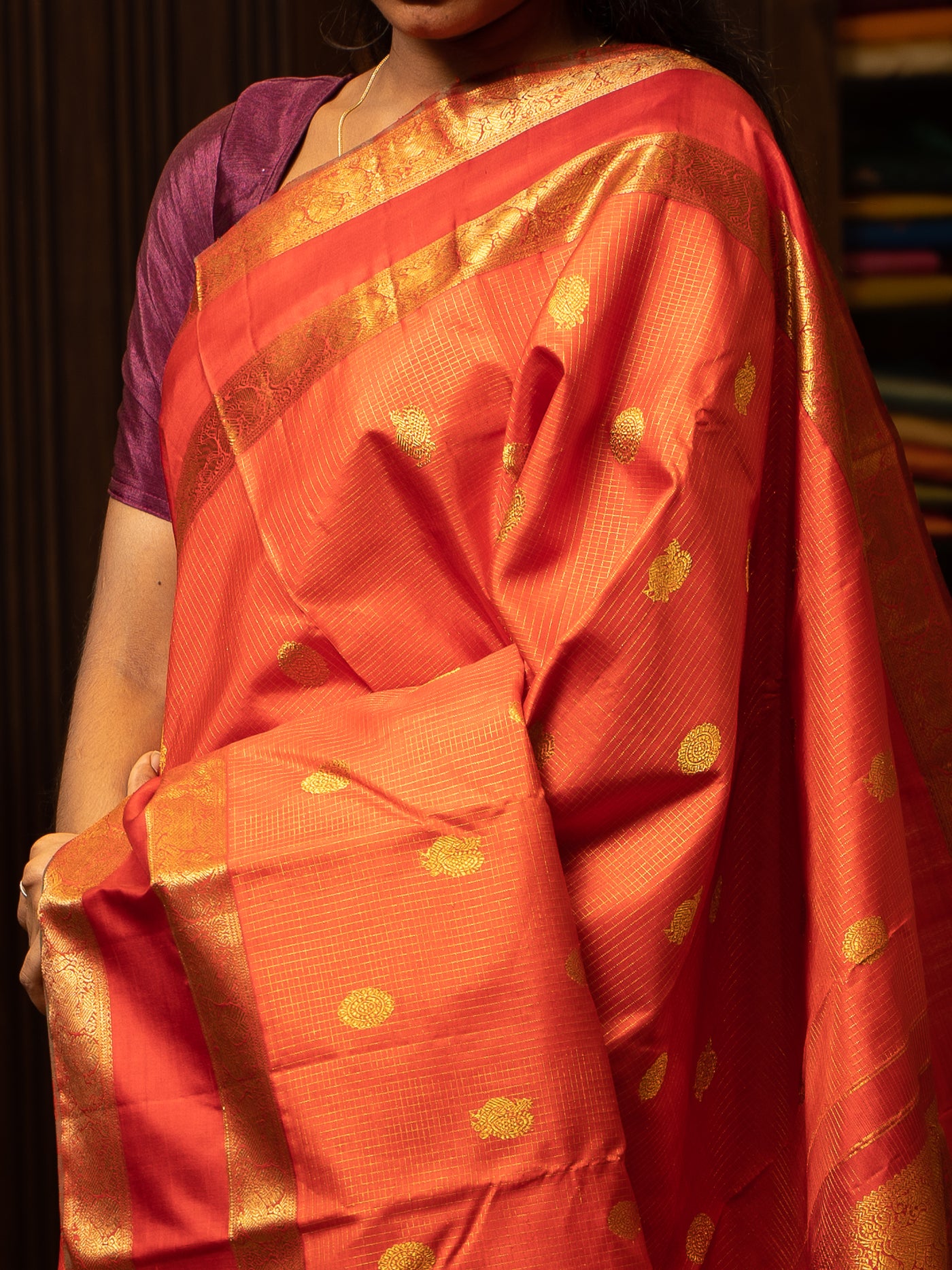 Reddish Orange Vairaoosi Checks Pure Kanchipuram Silk Saree - Clio Silks