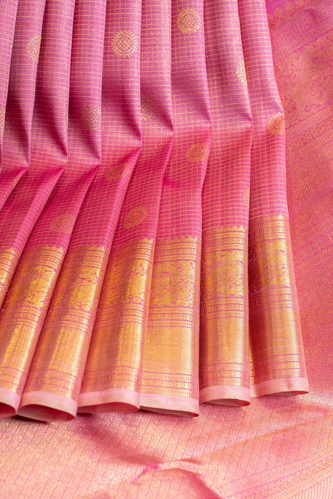 Rose pink zari checks pure Kanchipuram silk saree