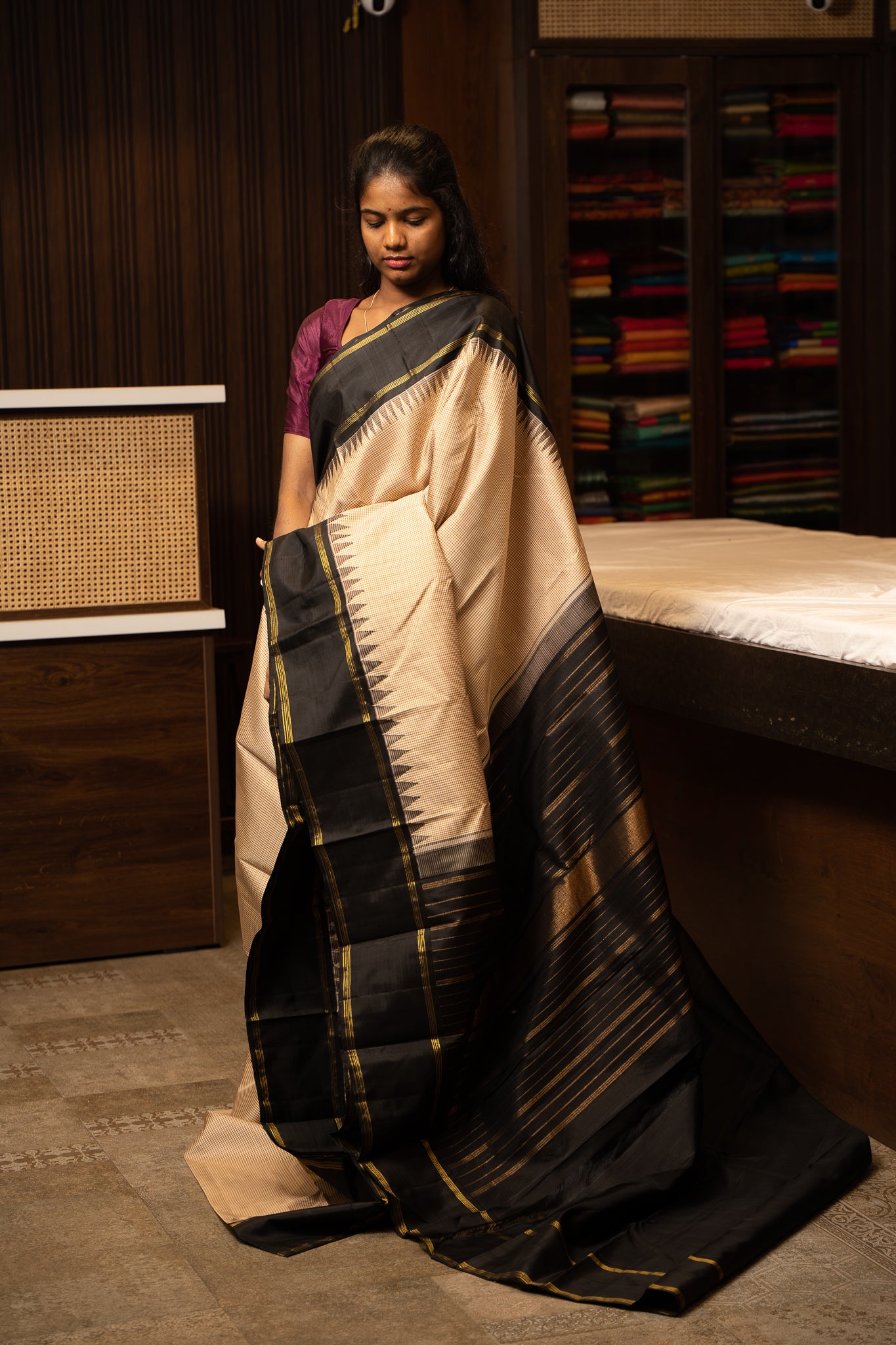 Beige and Black Podikattam Pure Kanchipuram Silk Sari - Clio Silks