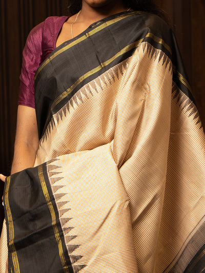 Beige and Black Podikattam Pure Kanchipuram Silk Sari - Clio Silks