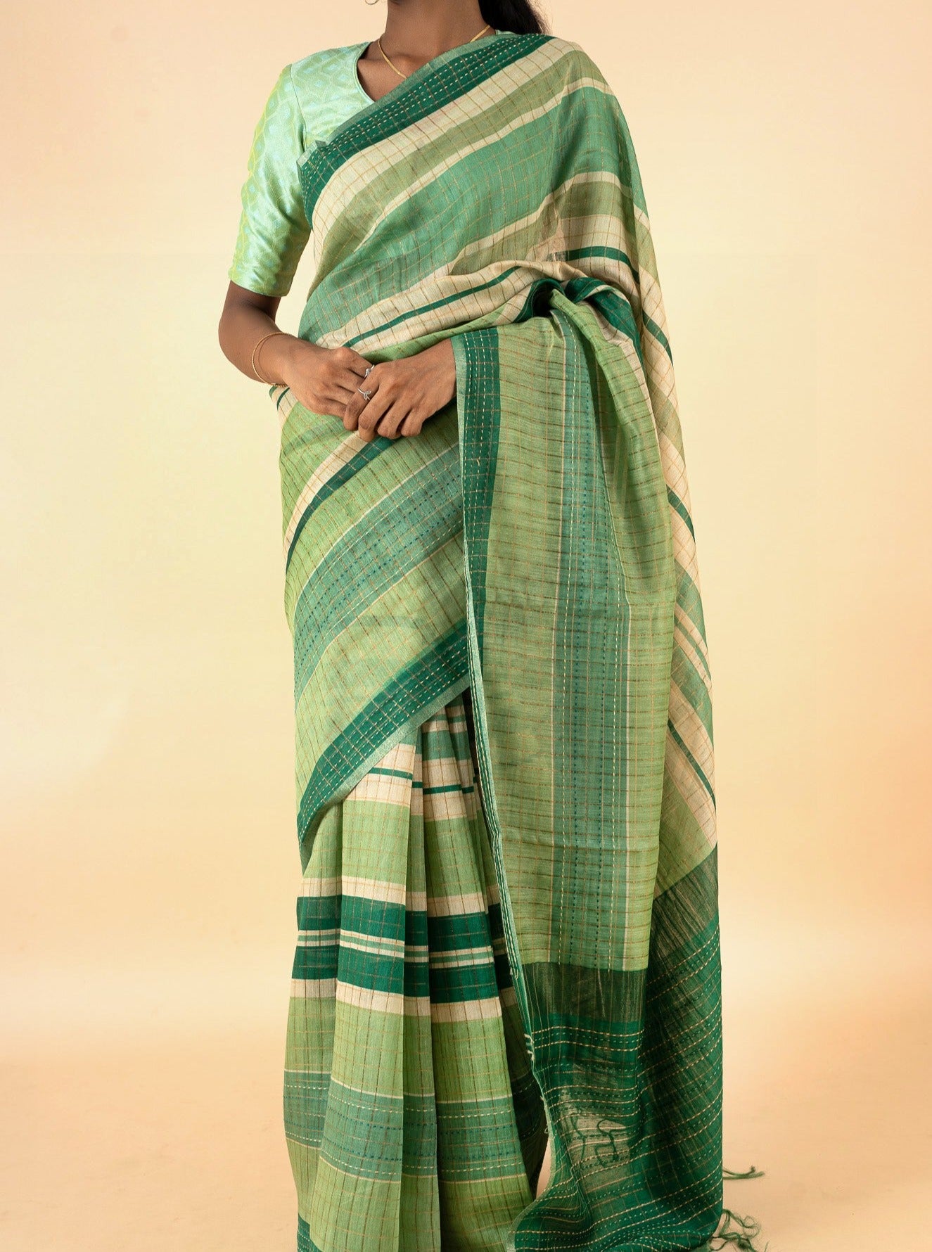 Green Stripes Pure Munga Tussar Silk Saree - Clio Silks