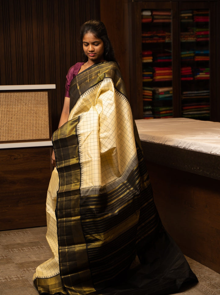 Cream and Black Checks Pure Kanjivaram Silk Saree - Clio Silks
