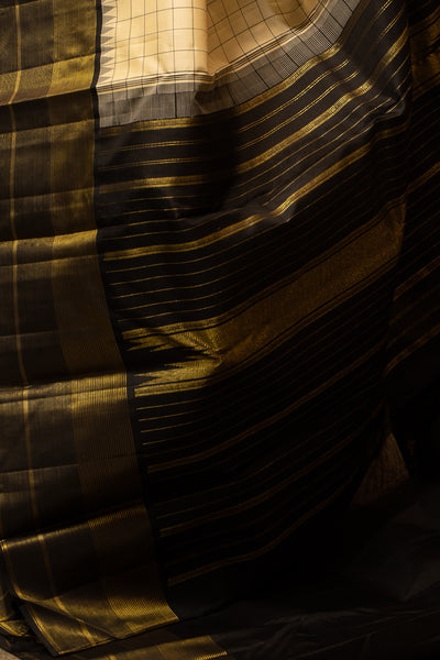 Cream and Black Checks Pure Kanjivaram Silk Saree - Clio Silks