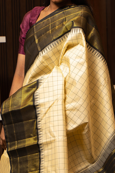 Cream and Black Checks Pure Kanjivaram Silk Saree - Clio Silks