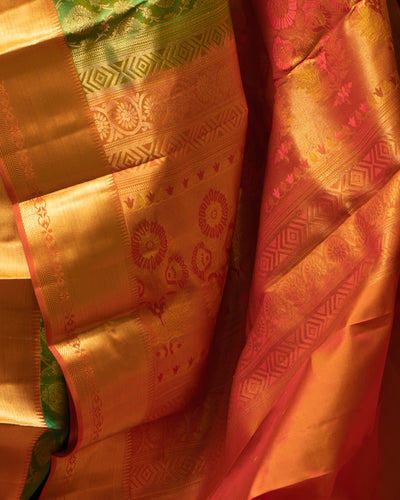 Green and Peach Zari Brocade Silk Saree - Clio Silks