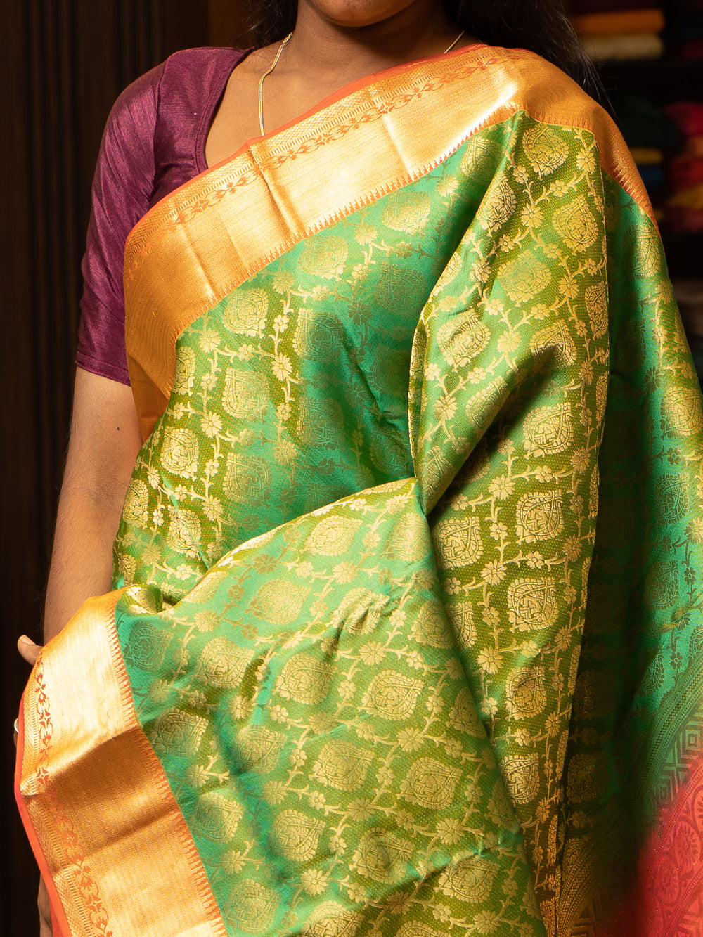 Green and Peach Zari Brocade Silk Saree - Clio Silks