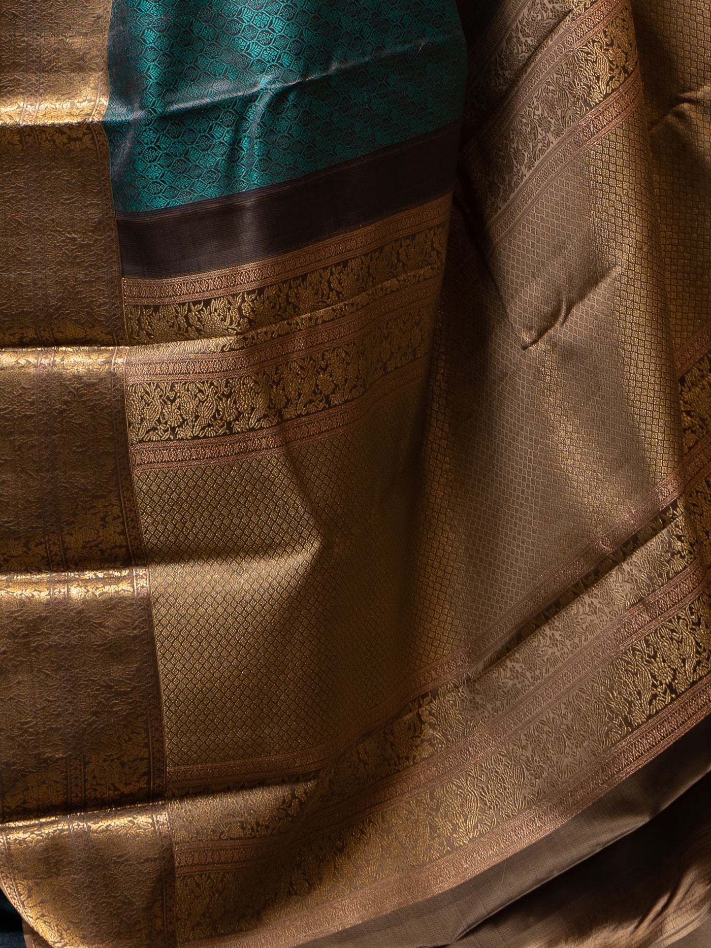 Peacock Blue and Grey Thread Brocade Pure Kanchipuram Silk Saree - Clio Silks