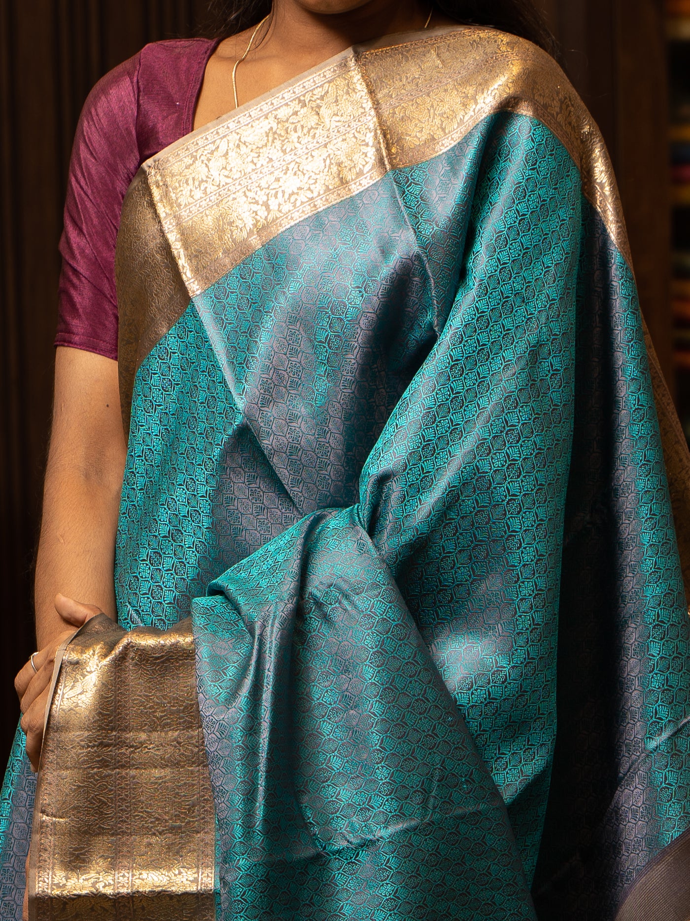 Peacock Blue and Grey Thread Brocade Pure Kanchipuram Silk Saree - Clio Silks