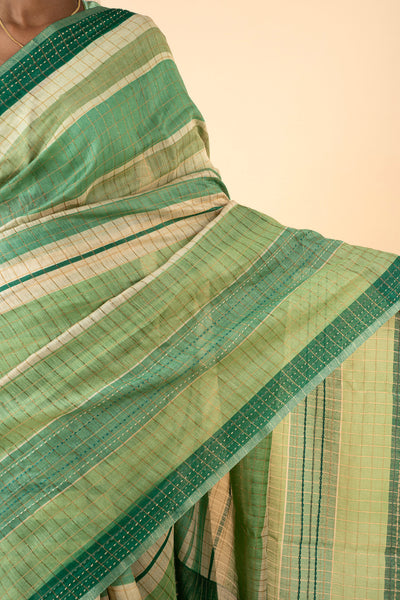 Green Stripes Pure Munga Tussar Silk Saree - Clio Silks